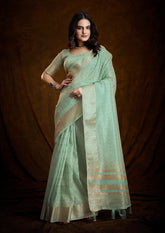 Premium Mint Glow Silk Saree with Intricate Woven Border
